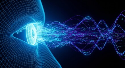 Ai vision technology: digital wireframe eye emitting data streams
