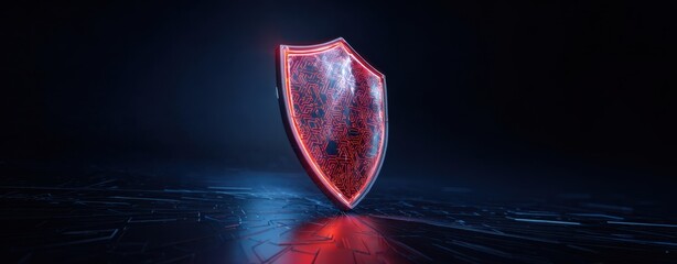 The Shield of Digital Security Glowing with Neon Circuits on Futuristic Surface