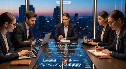 Global business team analyzing financial data on interactive table in modern city office