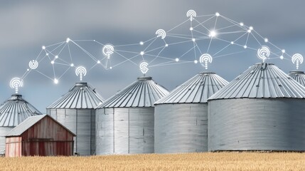 Iot-enabled grain silos revolutionize agriculture rural farm digital innovation open fields aerial perspective connectivity solutions