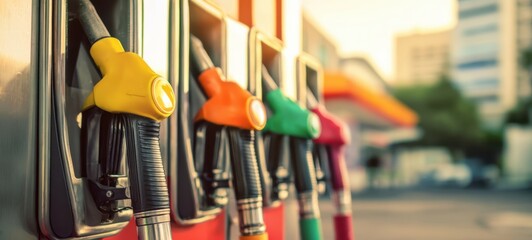 The Fuel Pump Nozzles at a Bright Urban Gas Station Ready for Refueling