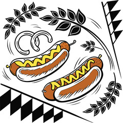 Vector illustration set of delicious fast food hot dogs with mustard and sausage in a bun