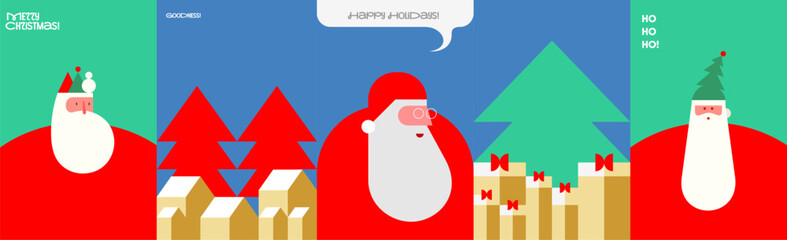 A vibrant and modern illustration featuring Santa Claus in various festive scenes. The design includes Christmas trees, gift boxes, and cheerful holiday messages, perfect for seasonal greetings.
