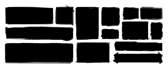 Grunge Rectangle Brush Stroke Banner Set in Black. Collection of black grunge-style rectangular brush strokes. Ideal for labels, backgrounds, banners. Vector grunge template set for text
