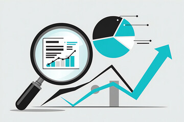 Market research and digital marketing analytics concept — vector illustration of magnifying glass focusing on stylized pie charts and trend arrows, clean flat design, black, white, and turquoise palet