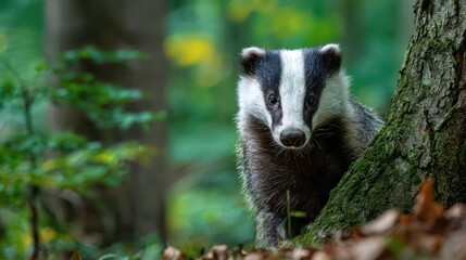Adorable Small Badger Strolling Near a Forest Tree, Perfect for NatureThemed Projects Inspires Tranquility and Connection with Wildlife.