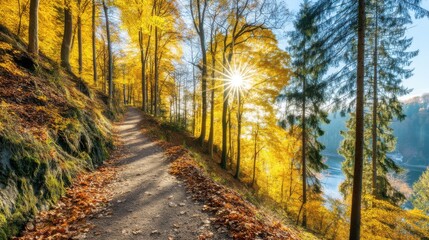 Fototapeta premium Autumn hiking adventure scenic forest nature photography vibrant colors eye-level view tranquil atmosphere