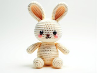 Obraz premium Handmade crochet bunny toy with pink cheeks and black button eyes on a white background