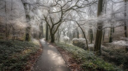 Tranquil winter walk enchanted forest nature scene frosty atmosphere serene pathway reflection on peace