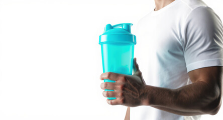 Man in white t-shirt holding a blue protein shaker bottle against a white background with copy-space
