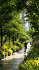 Obraz premium A cyclist rides down a sunlit path bordered by lush greenery and tall city buildings