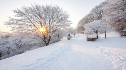 Obraz premium Winter sunrise over snowy landscape nature photography serene environment soft light tranquil viewpoint