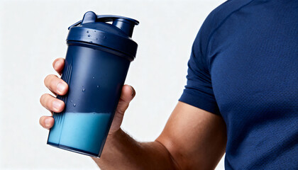Close-up of a man holding a blue protein shaker bottle with liquid, wearing a blue athletic shirt, isolated on white background