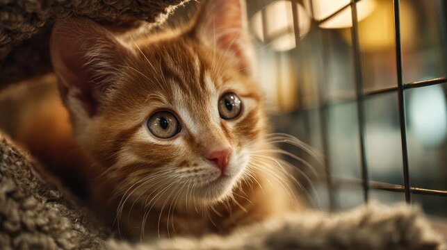 Stunning StreetRescued Kitten Peering Curiously Through Cage, Ideal for Heartwarming Content or Animal Welfare Campaigns, Evokes Empathy and Inspiration.