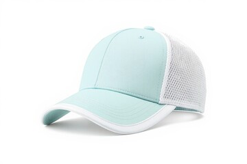 Fototapeta premium Light blue and white baseball cap with mesh back panel isolated on white background