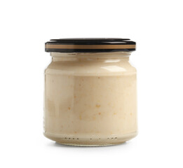 Jar of horseradish sauce on white background