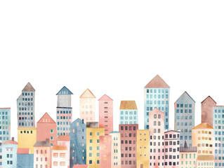Watercolor Cityscape Buildings Row on Black Background illustration