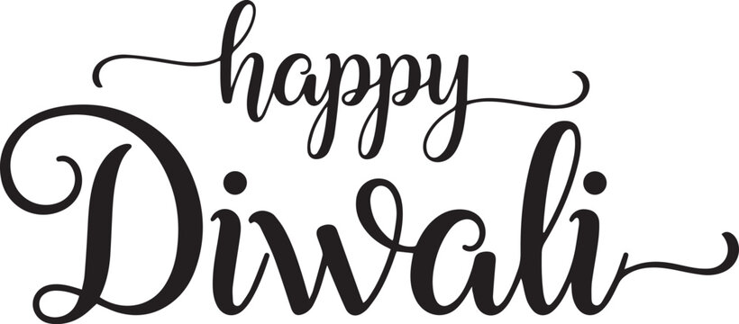An elegant black and white vector typographic design of "Happy Diwali," rendered entirely in a beautiful, flowing script font, perfect for conveying a graceful and heartfelt festive greeting.
