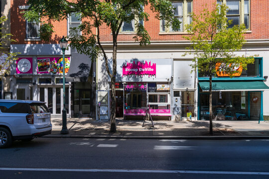 Shops, office buildings and restaurants on Broad street in Philadelphia Pennsylvania USA