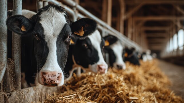 Vibrant Scene of Hornless Dairy Cows Feeding Peacefully in a Barn, Ideal for Calm and Tranquil Projects.