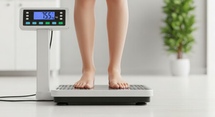 Person standing on a digital weight scale reading 75.5