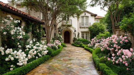 Obraz premium Elegant exterior view of a house with flower beds and pathway