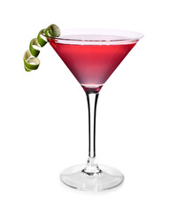 Glass of tasty Cosmopolitan cocktail garnished with lime peel on white background