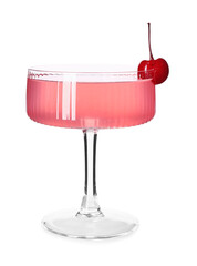 Glass of tasty Cosmopolitan cocktail garnished with cherry on white background