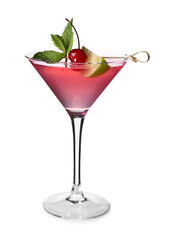 Glass of tasty Cosmopolitan cocktail garnished with lime slice, cherry and mint leaves on white background