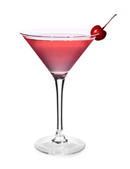 Glass of tasty Cosmopolitan cocktail garnished with cherry on white background