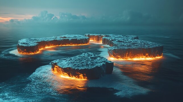 Coastal fire reflecting in the blue ocean water on a summer beach under a cloudy sky
