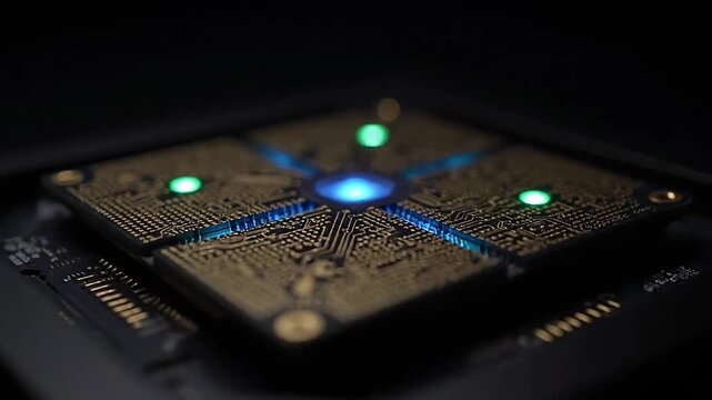 Dynamic blue light emanates from a powerful central processor, illustrating cutting edge technology and innovation in a modern computing environment