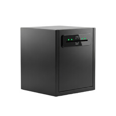 Cutting-edge matte black reinforced steel secure vault, minimalist cuboid with glowing emerald green biometric slot, isolated on transparent cyclorama, high-key studio light. Concept of impenetrable
