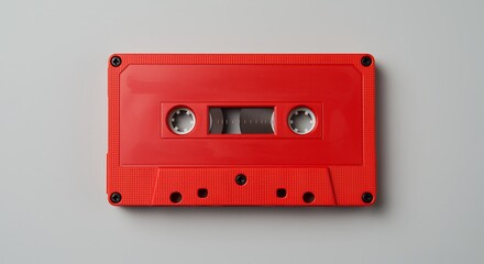 Obraz premium A vibrant red audio cassette tape, a nostalgic symbol of analog music, isolated on a clean white background, evoking retro vibes and vintage sound