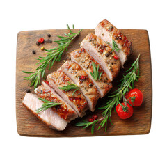 A delicious sliced pork roast seasoned with fresh rosemary peppercorns and cherry tomatoes served on a wooden cutting board  isolated on transparent background, perfect cutout, PNG