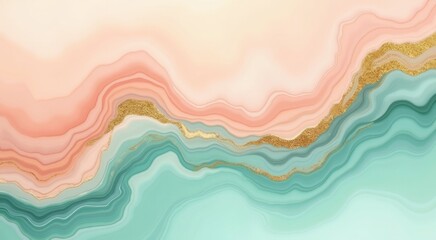 Abstract painting of a pink green and gold fluid wave