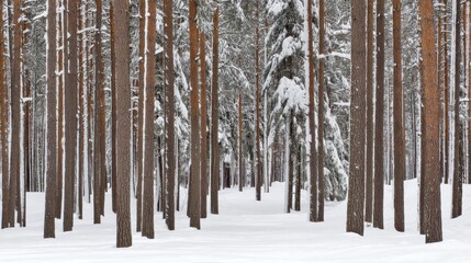 Fototapeta premium Majestic snow-covered pine forest winter wonderland nature scene tranquil environment eye-level perspective serenity concept