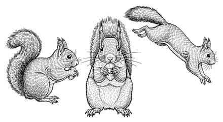  Squirrel with nut front view, squirrel with nut side view, squirrel jumping down - squirrel collection in motion from different sides engraving sketch hand drawn style black and white vintage