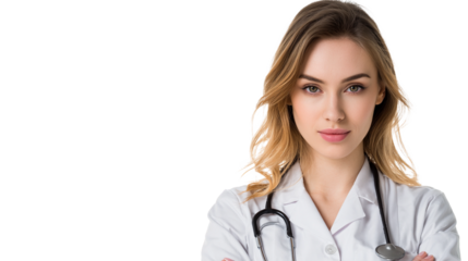 Doctor in white coat showing confidence and professionalism with stethoscope around her neck in a clinical setting