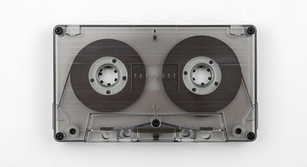 Fototapeta premium A transparent audio cassette tape with two reels and magnetic tape, isolated on a white background, representing retro technology and music storage