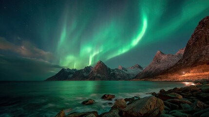 Naklejka premium Bright green lights fill the night sky as the aurora borealis illuminates the mountains and water in a tranquil setting. This stunning natural display captivates viewers under a clear sky.