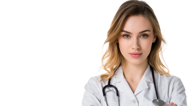 Doctor in white coat showing confidence and professionalism with stethoscope around her neck in a clinical setting