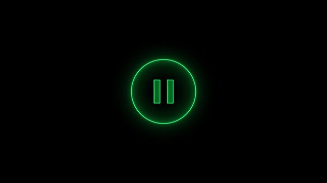 Green Neon Pause Button Icon on Black Background symbol.  media player pause icon animation sign symbol on black background .