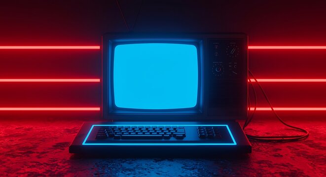 A vintage computer monitor with a bright blue screen, illuminated by neon red lights in a dark, atmospheric setting, evoking a retrofuturistic vibe