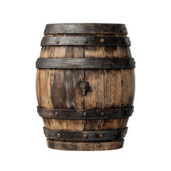 Obraz premium A rustic wooden barrel with aged metal hoops and a spigot isolated on a isolated on transparent background, perfect cutout, PNG
