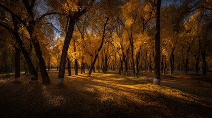 Fototapeta premium Golden autumn landscape serene forest nature photography vibrant colors ground level seasonal beauty