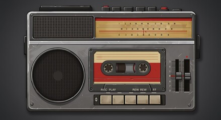 A detailed, realistic rendering of a vintage boombox with a cassette player, showcasing a classic portable music device