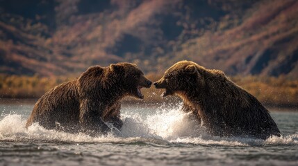 Two Playful Brown Bears Frolicking at Kurile Lake, Kamchatka Perfect for NatureFocused Projects, Boosting Sense of Tranquility.