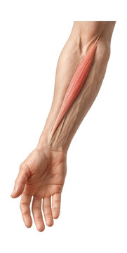 Slender flexor carpi radialis muscle along the front of the forearm.
