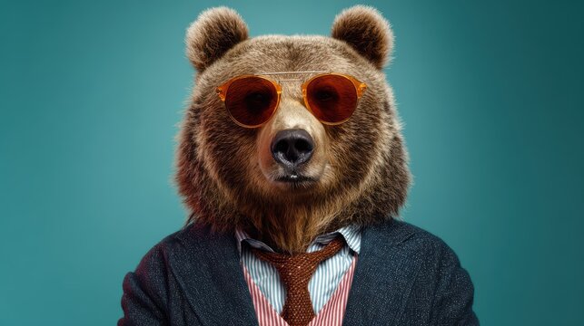 Stylish Bear in Funky Suit and Sunglasses Vibrant and Quirky Stock Image for Fashion, Advertisement, and Humorous Content.
